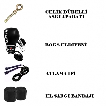 Desfabe Boxing Star 120x32Cm Zincirli Boks Kum Torbası Siyah+Aparat+Boks Eldiveni+Bandaj+Atlama İpi