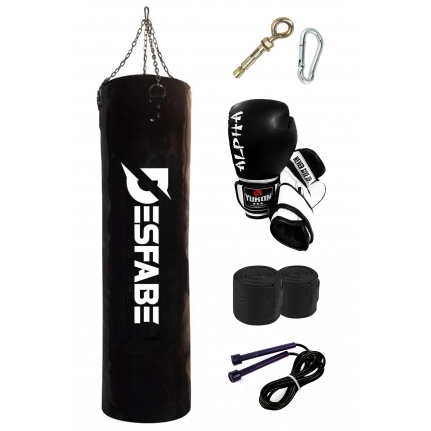 Desfabe Boxing Star 120x32Cm Zincirli Boks Kum Torbası Siyah+Aparat+Boks Eldiveni+Bandaj+Atlama İpi