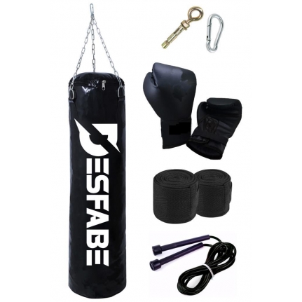 Desfabe Boxing Star 70x25 Cm Zincirli Boks Kum Torbası Siyah+Askı Aparatı+Boks Eldiveni+El Sargı Bandajı+Atlama İpi