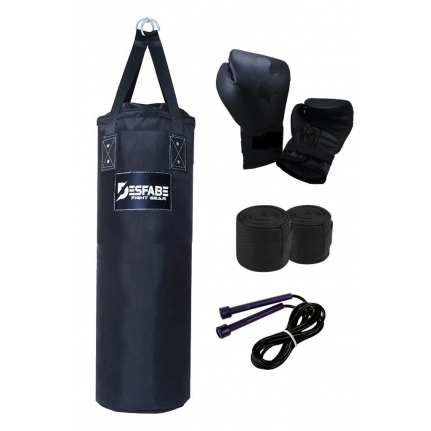 Desfabe Polydes 80x25 Cm Kolonlu Boks Kum Torbası Siyah+Boks Eldiveni+El Sargı Bandajı+Atlama İpi